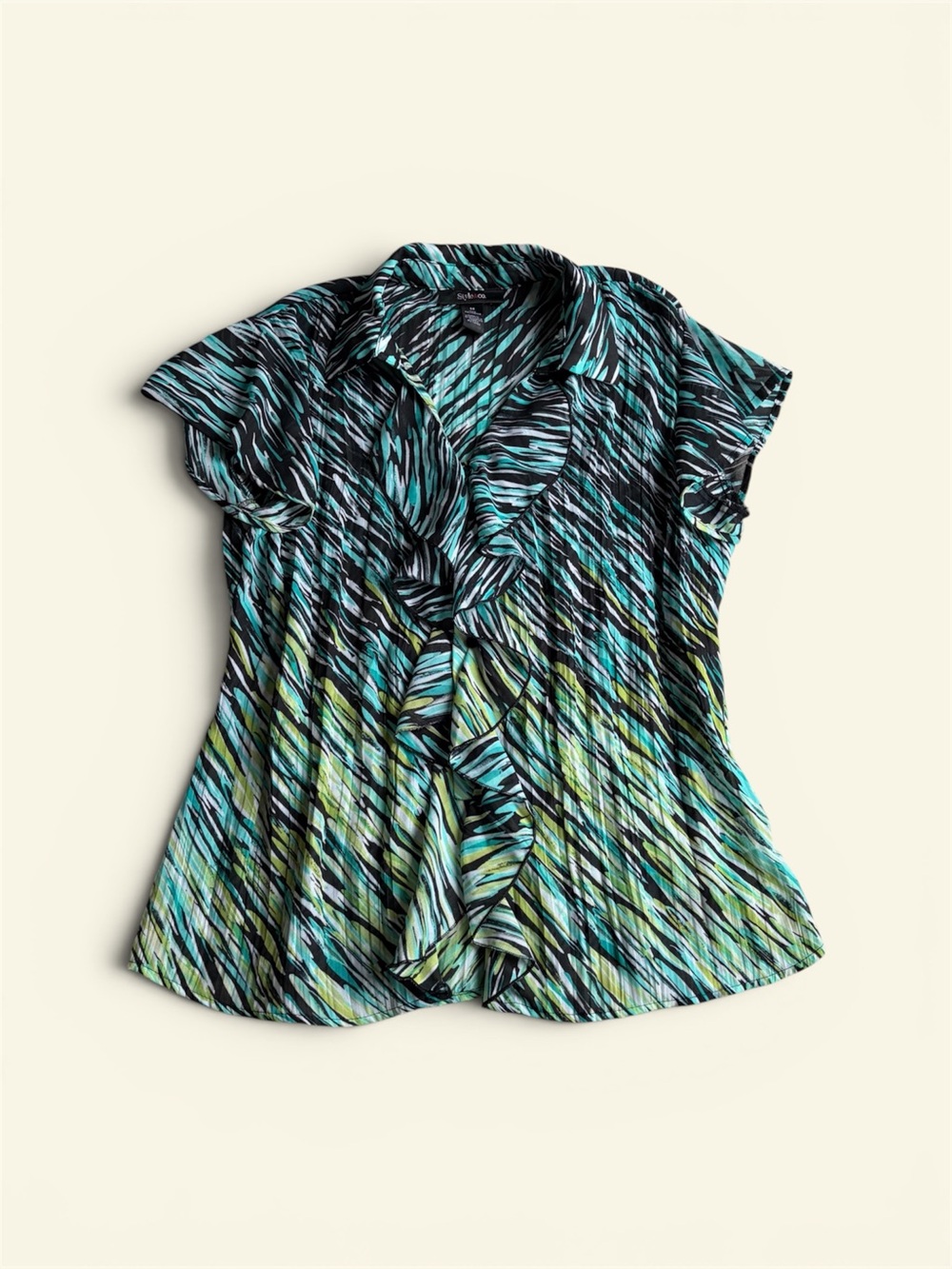 Style & Co Vintage Y2K Teal Green Abstract Ruffle V-Neck Pleated Blouse Size 14